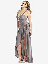 Side View Thumbnail - Cashmere Gray Pleated Wrap Ruffled High Low Stretch Satin Gown with Slight Train