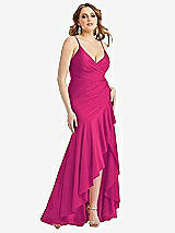 Front View Thumbnail - Think Pink Pleated Wrap Ruffled High Low Stretch Satin Gown with Slight Train