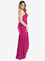 Rear View Thumbnail - Think Pink Pleated Wrap Ruffled High Low Stretch Satin Gown with Slight Train