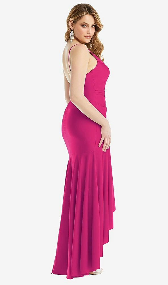 Back View - Think Pink Pleated Wrap Ruffled High Low Stretch Satin Gown with Slight Train