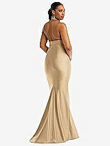 Rear View Thumbnail - Soft Gold Criss Cross Halter Open-Back Stretch Satin Mermaid Dress