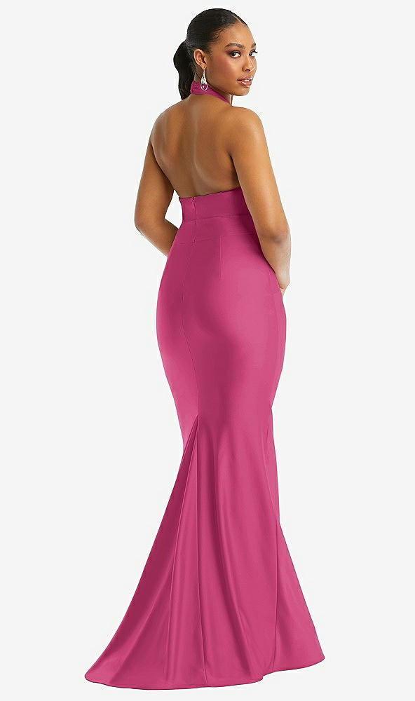 Back View - Tea Rose Criss Cross Halter Open-Back Stretch Satin Mermaid Dress