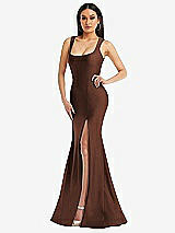 Alt View 1 Thumbnail - Cognac Square Neck Stretch Satin Mermaid Dress with Slight Train