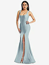 Alt View 1 Thumbnail - Mist Square Neck Stretch Satin Mermaid Dress with Slight Train