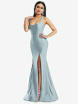 Alt View 2 Thumbnail - Mist Square Neck Stretch Satin Mermaid Dress with Slight Train