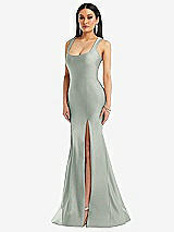 Front View Thumbnail - Willow Green Square Neck Stretch Satin Mermaid Dress with Slight Train