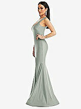 Side View Thumbnail - Willow Green Square Neck Stretch Satin Mermaid Dress with Slight Train
