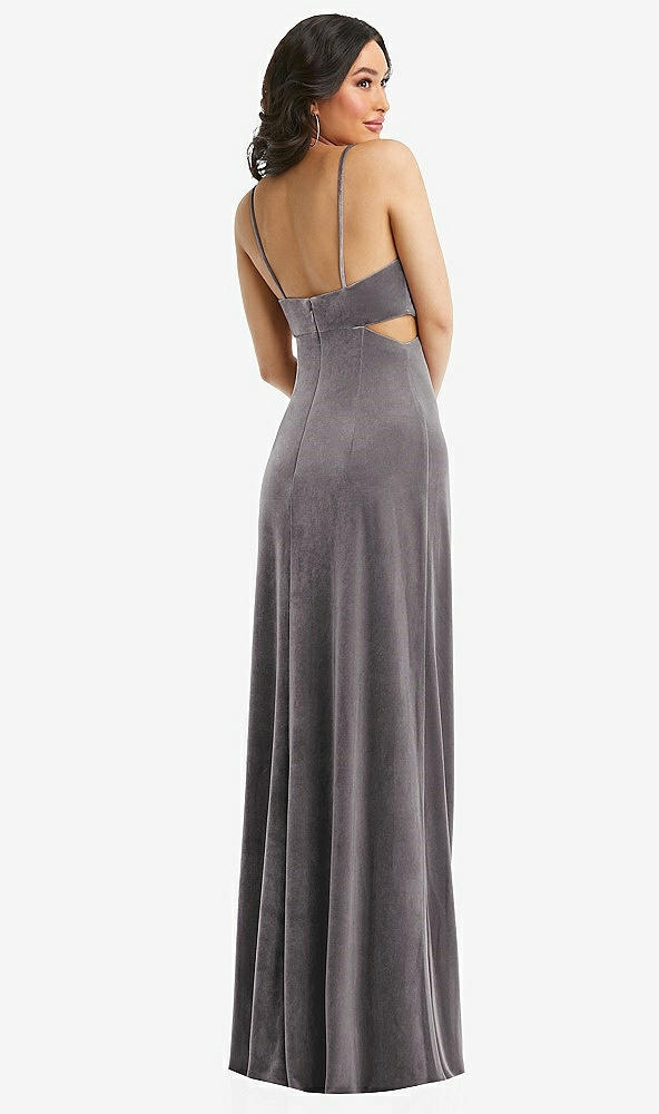 Back View - Caviar Gray Spaghetti Strap Cutout Midriff Velvet Maxi Dress