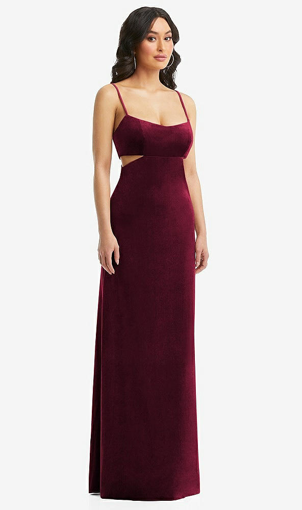 Front View - Cabernet Spaghetti Strap Cutout Midriff Velvet Maxi Dress