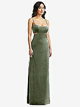 Front View Thumbnail - Sage Spaghetti Strap Cutout Midriff Velvet Maxi Dress