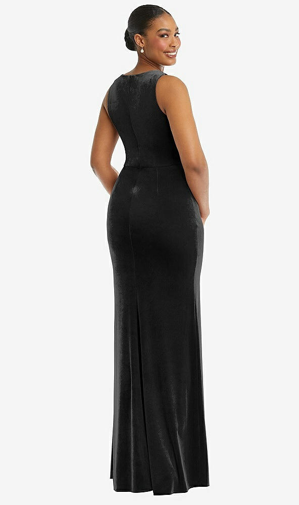 Back View - Black Square Neck Closed Back Velvet Maxi Dress 