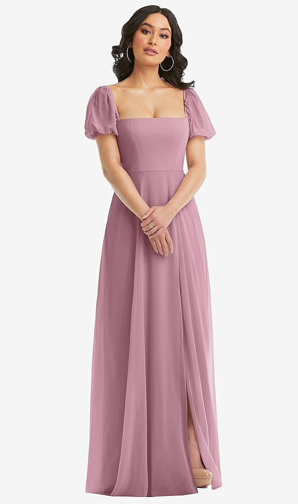 Front View - Dusty Pink Puff Sleeve Chiffon Maxi Dress with Front Slit