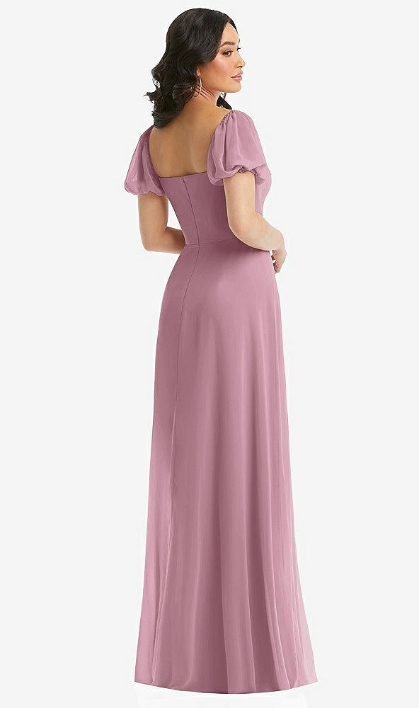 Back View - Dusty Pink Puff Sleeve Chiffon Maxi Dress with Front Slit