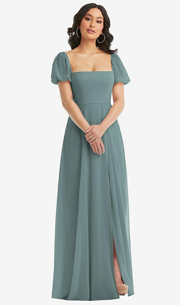 Front View - Icelandic Puff Sleeve Chiffon Maxi Dress with Front Slit