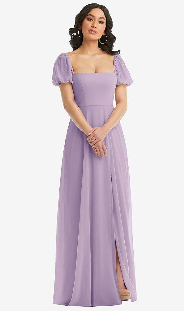 Front View - Pale Purple Puff Sleeve Chiffon Maxi Dress with Front Slit