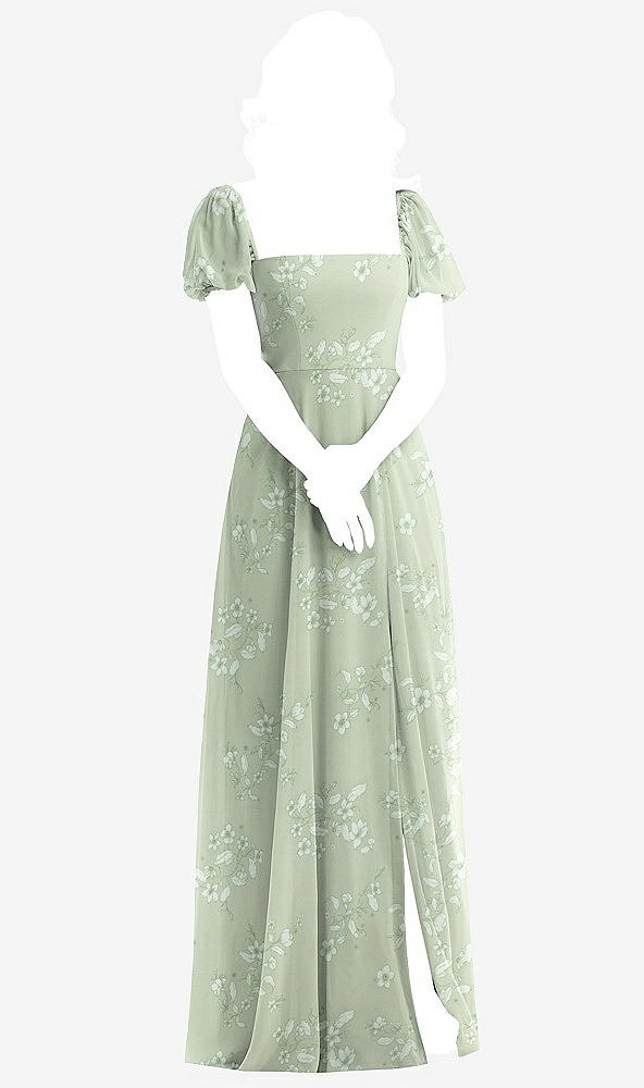 Front View - Vintage Primrose Sage Puff Sleeve Chiffon Maxi Dress with Front Slit