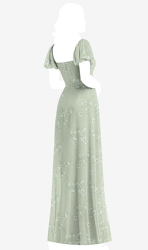 Back View - Vintage Primrose Sage Puff Sleeve Chiffon Maxi Dress with Front Slit