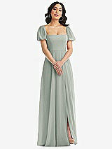 Front View Thumbnail - Willow Green Puff Sleeve Chiffon Maxi Dress with Front Slit