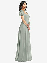 Side View Thumbnail - Willow Green Puff Sleeve Chiffon Maxi Dress with Front Slit