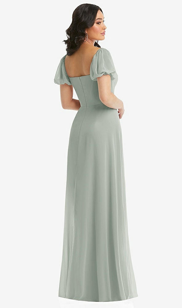 Back View - Willow Green Puff Sleeve Chiffon Maxi Dress with Front Slit