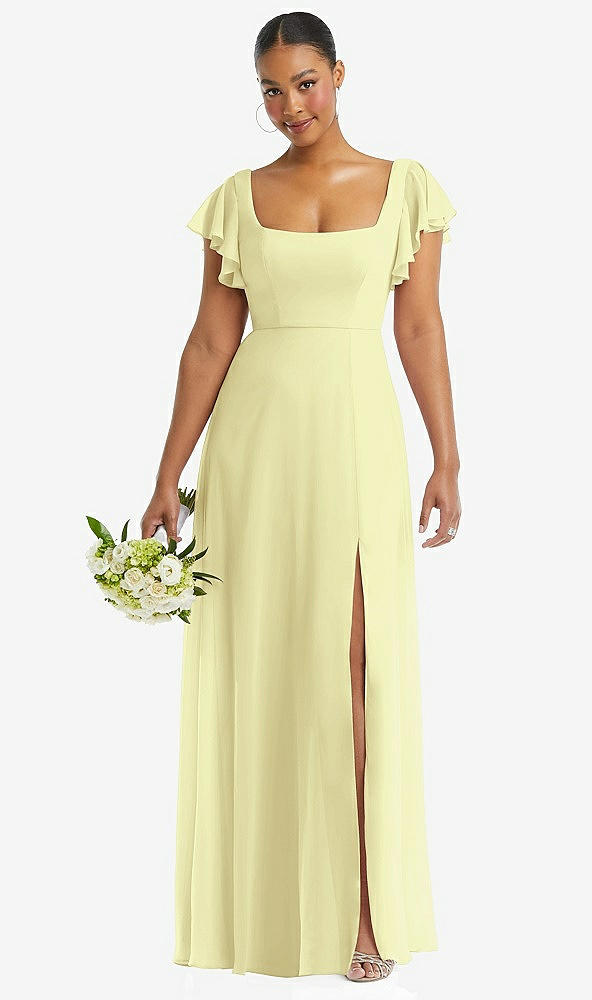 Front View - Butter Yellow Flutter Sleeve Scoop Open-Back Chiffon Maxi Dress