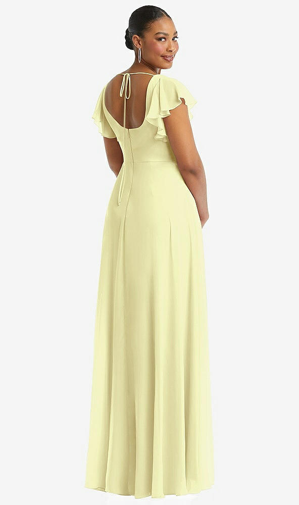 Back View - Butter Yellow Flutter Sleeve Scoop Open-Back Chiffon Maxi Dress