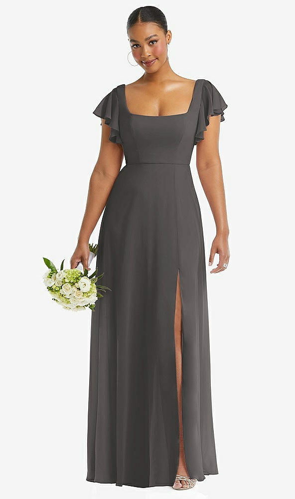 Front View - Caviar Gray Flutter Sleeve Scoop Open-Back Chiffon Maxi Dress