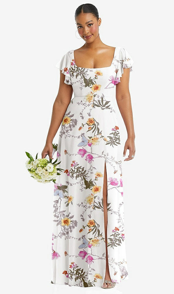 Front View - Butterfly Botanica Ivory Flutter Sleeve Scoop Open-Back Chiffon Maxi Dress