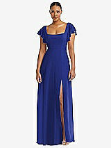 Alt View 1 Thumbnail - Cobalt Blue Flutter Sleeve Scoop Open-Back Chiffon Maxi Dress