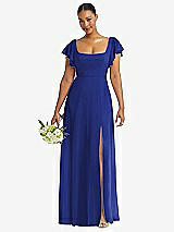 Front View Thumbnail - Cobalt Blue Flutter Sleeve Scoop Open-Back Chiffon Maxi Dress