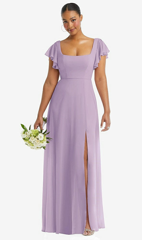 Front View - Pale Purple Flutter Sleeve Scoop Open-Back Chiffon Maxi Dress