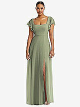 Alt View 1 Thumbnail - Sage Flutter Sleeve Scoop Open-Back Chiffon Maxi Dress