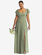 Front View Thumbnail - Sage Flutter Sleeve Scoop Open-Back Chiffon Maxi Dress