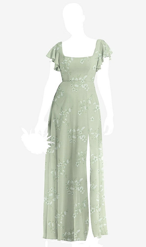 Front View - Vintage Primrose Sage Flutter Sleeve Scoop Open-Back Chiffon Maxi Dress