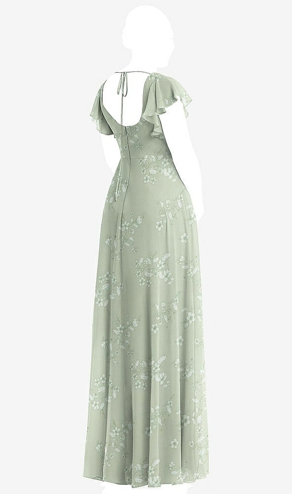 Back View - Vintage Primrose Sage Flutter Sleeve Scoop Open-Back Chiffon Maxi Dress