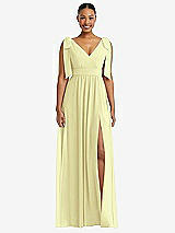 Front View Thumbnail - Butter Yellow Plunge Neckline Bow Shoulder Empire Waist Chiffon Maxi Dress