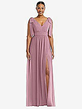 Front View Thumbnail - Dusty Pink Plunge Neckline Bow Shoulder Empire Waist Chiffon Maxi Dress