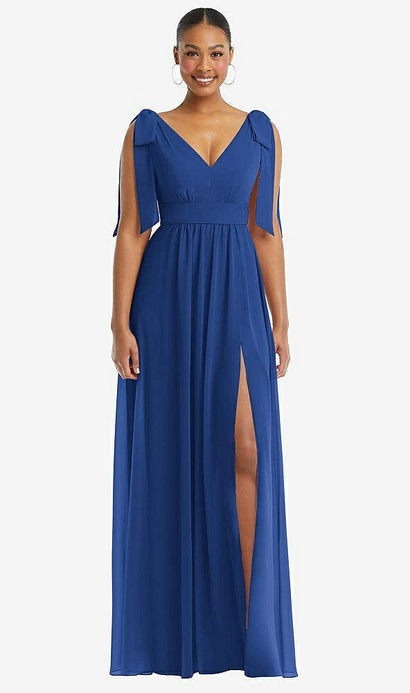 Front View - Classic Blue Plunge Neckline Bow Shoulder Empire Waist Chiffon Maxi Dress