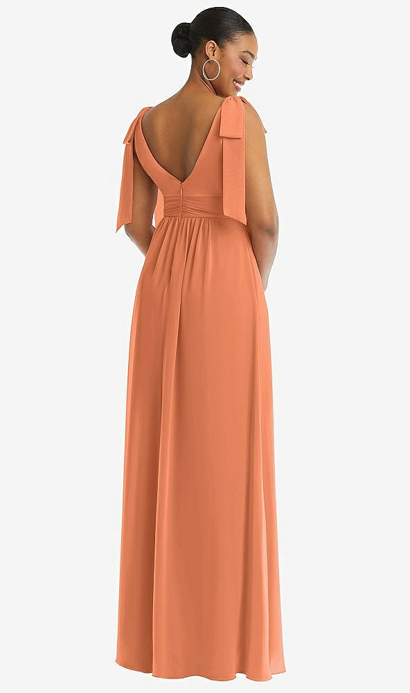 Back View - Sweet Melon Plunge Neckline Bow Shoulder Empire Waist Chiffon Maxi Dress