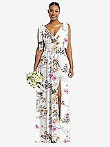 Alt View 1 Thumbnail - Butterfly Botanica Ivory Plunge Neckline Bow Shoulder Empire Waist Chiffon Maxi Dress