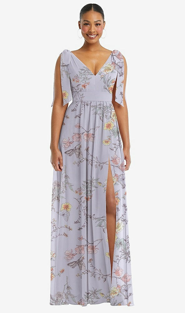 Front View - Butterfly Botanica Silver Dove Plunge Neckline Bow Shoulder Empire Waist Chiffon Maxi Dress