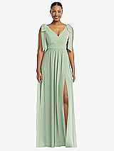 Front View Thumbnail - Celadon Plunge Neckline Bow Shoulder Empire Waist Chiffon Maxi Dress