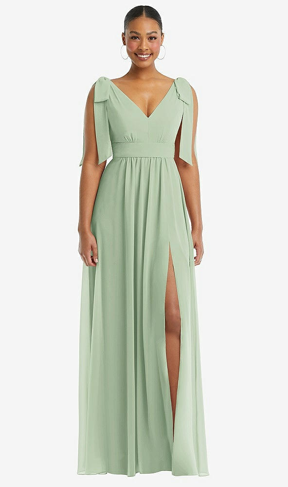 Front View - Celadon Plunge Neckline Bow Shoulder Empire Waist Chiffon Maxi Dress