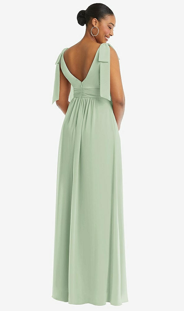 Back View - Celadon Plunge Neckline Bow Shoulder Empire Waist Chiffon Maxi Dress