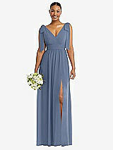 Alt View 1 Thumbnail - Larkspur Blue Plunge Neckline Bow Shoulder Empire Waist Chiffon Maxi Dress