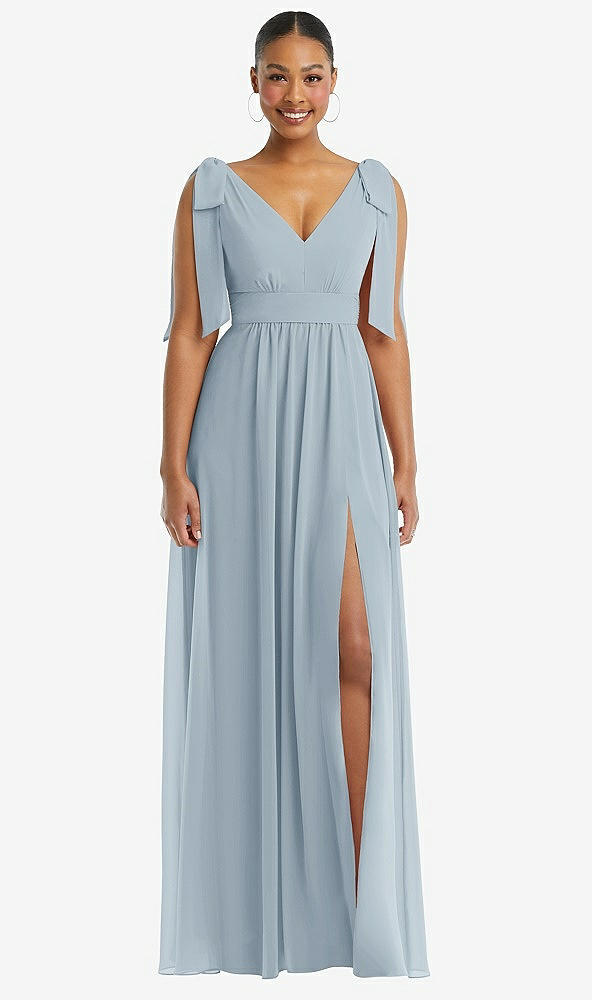 Front View - Mist Plunge Neckline Bow Shoulder Empire Waist Chiffon Maxi Dress