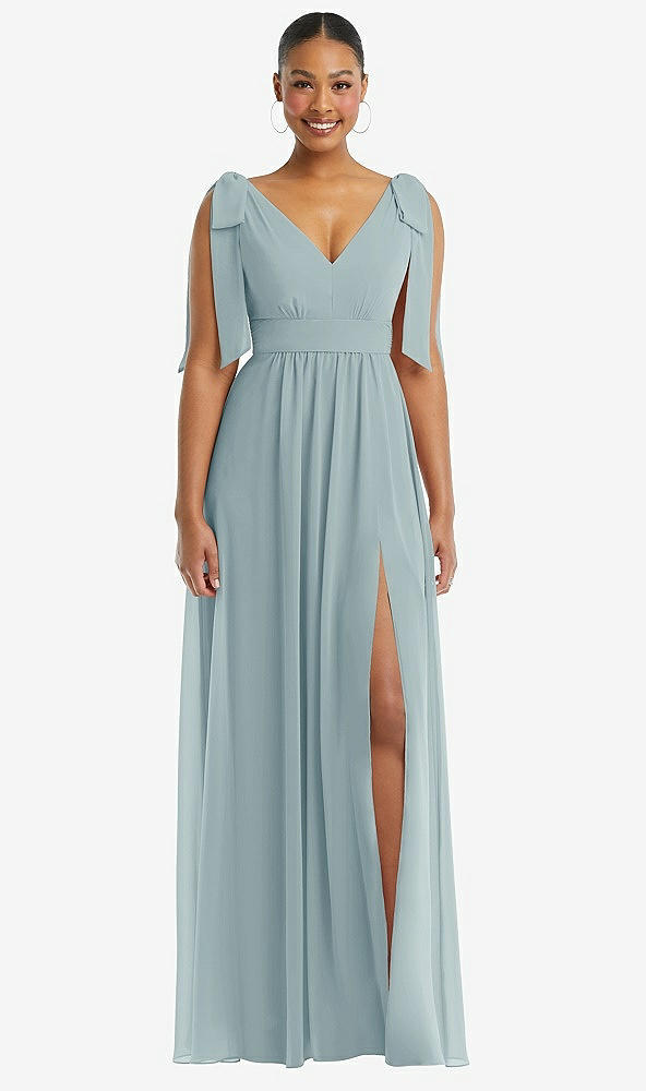 Front View - Morning Sky Plunge Neckline Bow Shoulder Empire Waist Chiffon Maxi Dress