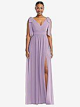 Front View Thumbnail - Pale Purple Plunge Neckline Bow Shoulder Empire Waist Chiffon Maxi Dress