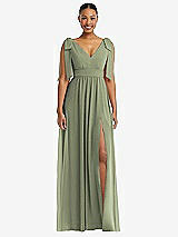 Front View Thumbnail - Sage Plunge Neckline Bow Shoulder Empire Waist Chiffon Maxi Dress