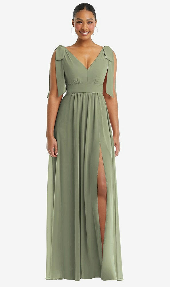 Front View - Sage Plunge Neckline Bow Shoulder Empire Waist Chiffon Maxi Dress